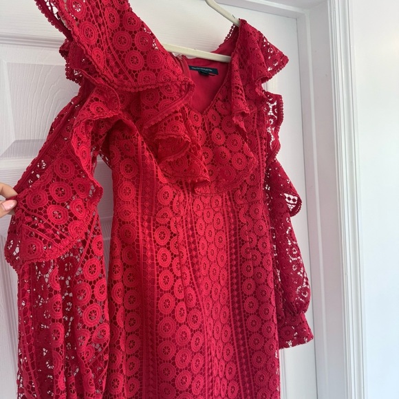 FRENCH CONNECTION Red Lace Ruffle Cold Shoulder Mini Dress Party Cocktail 8 - Picture 7 of 10